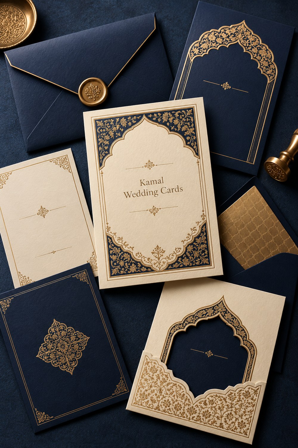 Illustrative navy and gold invitation cards and envelopes for Kamal Wedding Cards